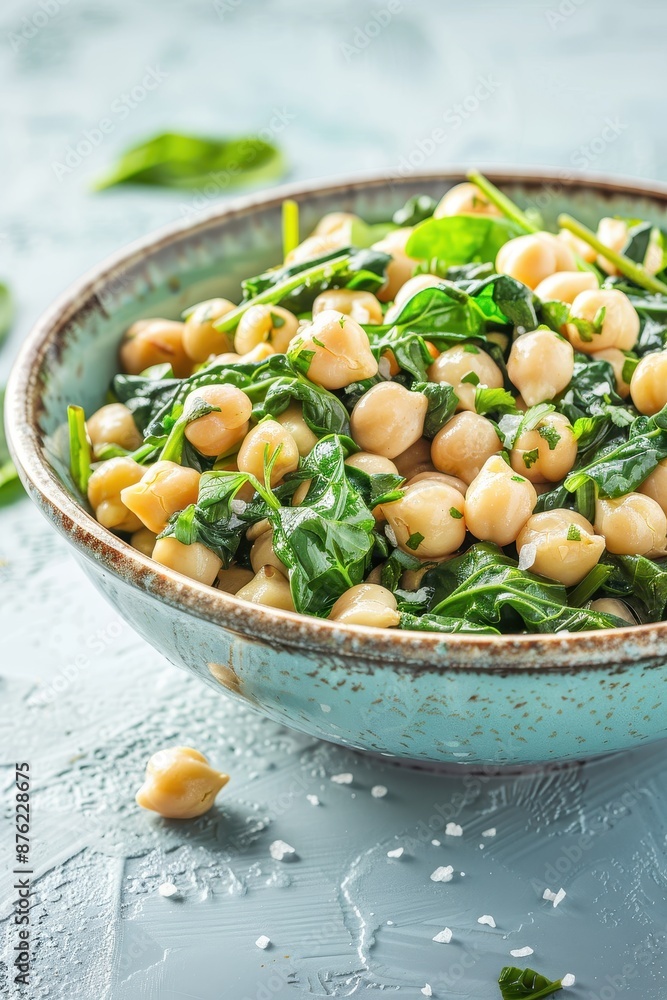 Healthy and Delicious Garbanzos con Espinacas (Chickpeas with Spinach) Bowl on Pastel Background with Clear Lighting Healthy and Delicious Garbanzos con Espinacas (Chickpeas with Spinach) Bowl on Pastel Background with Clear Lighting