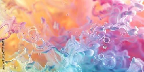 Softly merging multicolored ink bubbles creating delicate gradients and swirling patterns in pastel tones, captured in high detail.