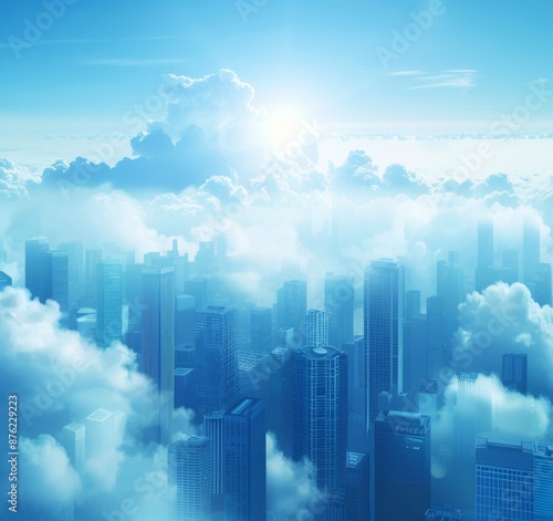 Abstract Vector Illustration, Futuristic blue Urban city in clouds,Landscape with Advanced Smart City Technology, Graphic Resources, Wallpapers, Websites, banner design, Advertising, web, background 