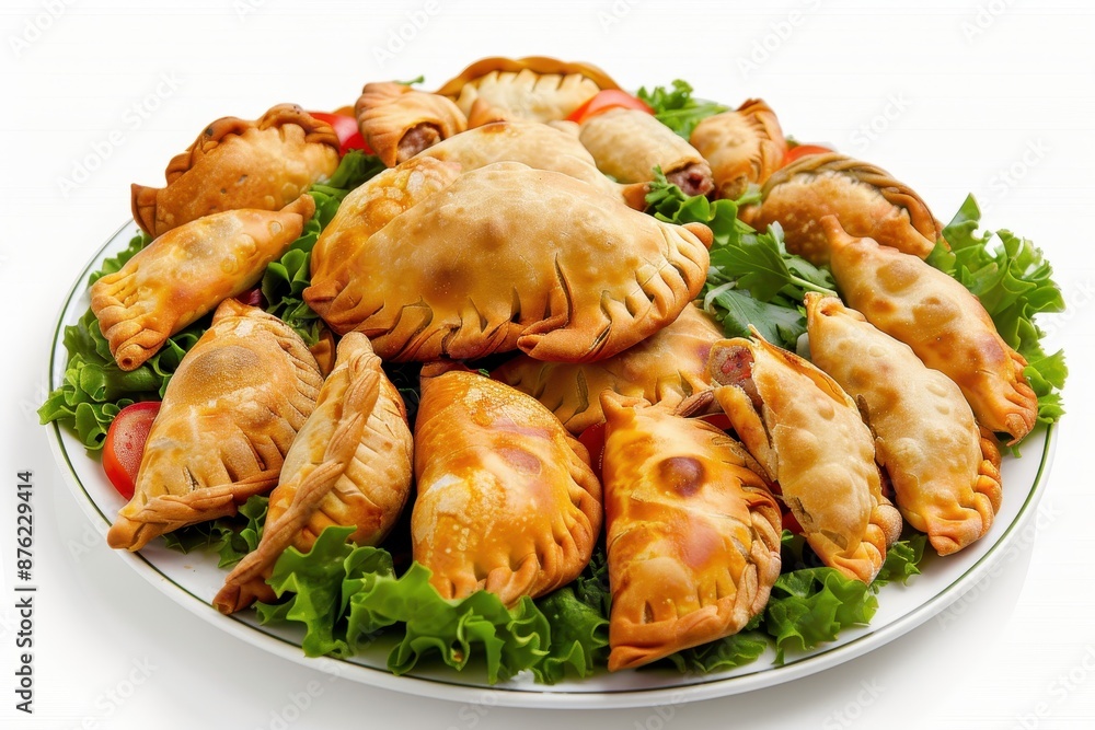 Delicious Empanadas Platter with Meat and Vegetable Fillings on White Background under Clear Light Delicious Empanadas Platter with Meat and Vegetable Fillings on White Background under Clear Light