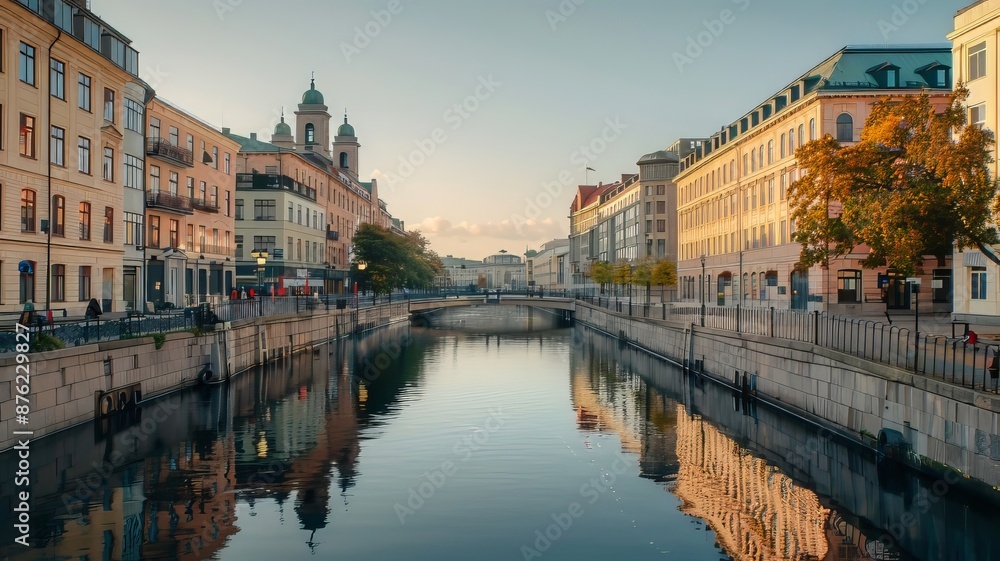 Picturesque cityscape with a tranquil river flowing through the heart of the city, lined with colorful buildings and bridges. Picturesque cityscape with a tranquil river flowing through the heart of the city, lined with colorful buildings and bridges.