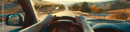 Car driver's hands on the steering wheel, road trip, driving on the highway, driving, self drive tour, tourism, business trip, novice driver, driving license test, coach, transportation, mobility scoo photo