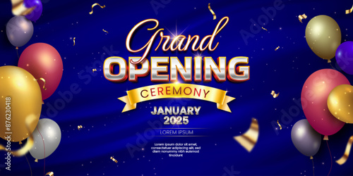 Luxury grand opening ceremony banner with blue silk, golden confetti and ribbon, shiny balloon glitters