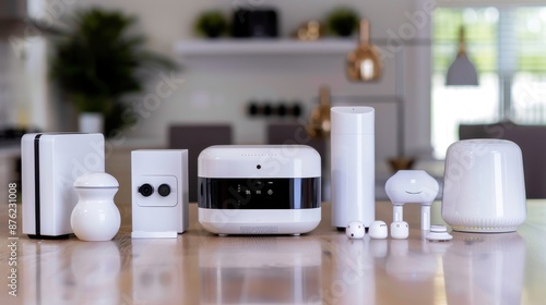 A table with many white electronic devices and a white box photo