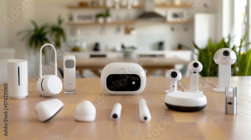 A table with many white electronic devices and a white box photo