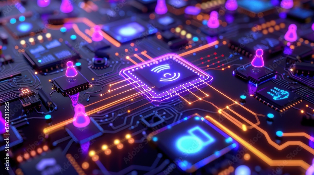 Obraz premium A computer screen shows a cityscape with a glowing light bulb in the middle