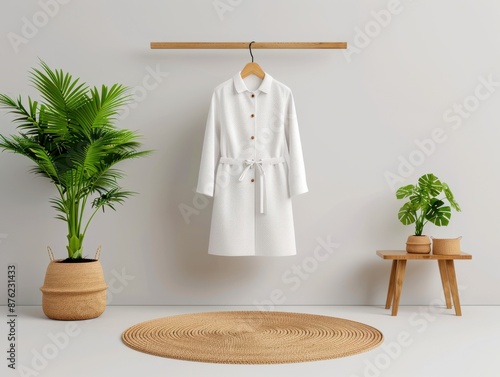 Minimalist White Coat Mockup on Wooden Hanger