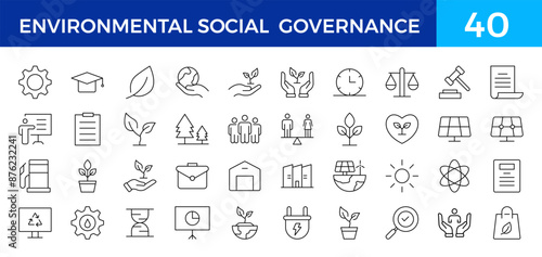 ESG flat line icon set. Outline icon collection related to ecology, environment social governance, risk management, sustainable developmen and more.