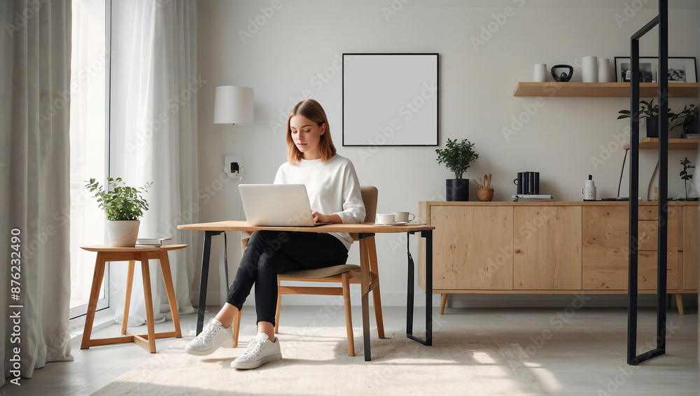 A young woman working on a laptop at a desk in a stylish home office, featuring modern furniture and natural light. A young woman working on a laptop at a desk in a stylish home office, featuring modern furniture and natural light.