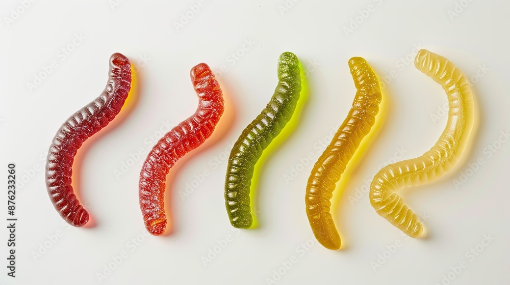 Assorted gummy worm candies on a pristine white background. Assorted gummy worm candies on a pristine white background.