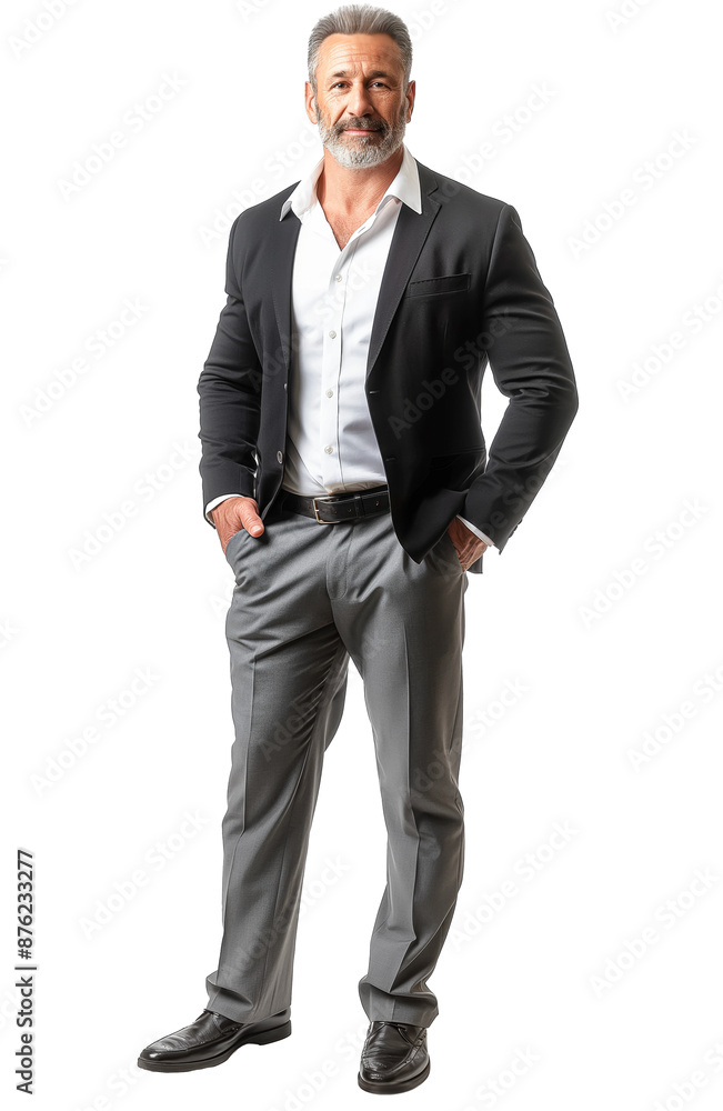 Confident Mature Man in Suit with Hands in Pockets Confident Mature Man in Suit with Hands in Pockets