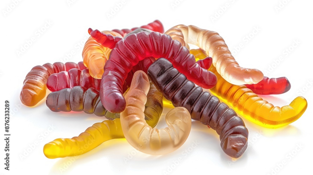 Naklejka premium Assorted gummy worms, isolated on a bright white backdrop.