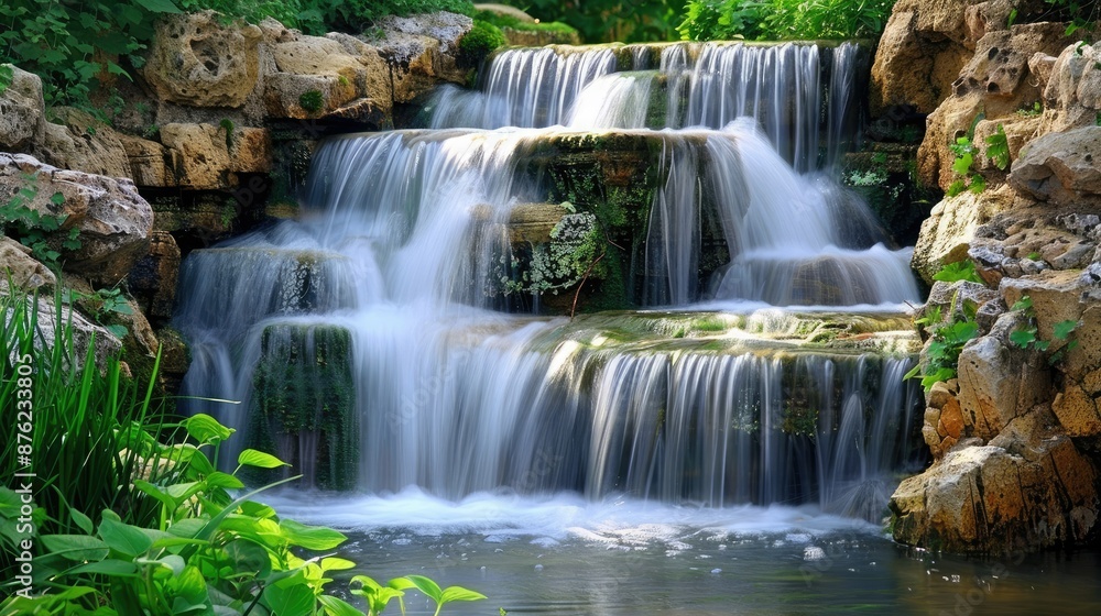 Obraz premium Beautiful forest waterfall, flowing through stones and greenery, stunning wallpaper.