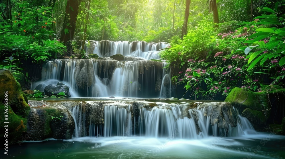 Beautiful waterfall cascading over stones in lush green forest, ideal for wallpaper. Beautiful waterfall cascading over stones in lush green forest, ideal for wallpaper.