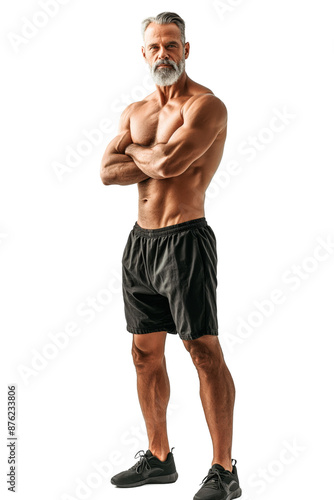 Muscular Senior Man in Black Shorts Posing Confidently