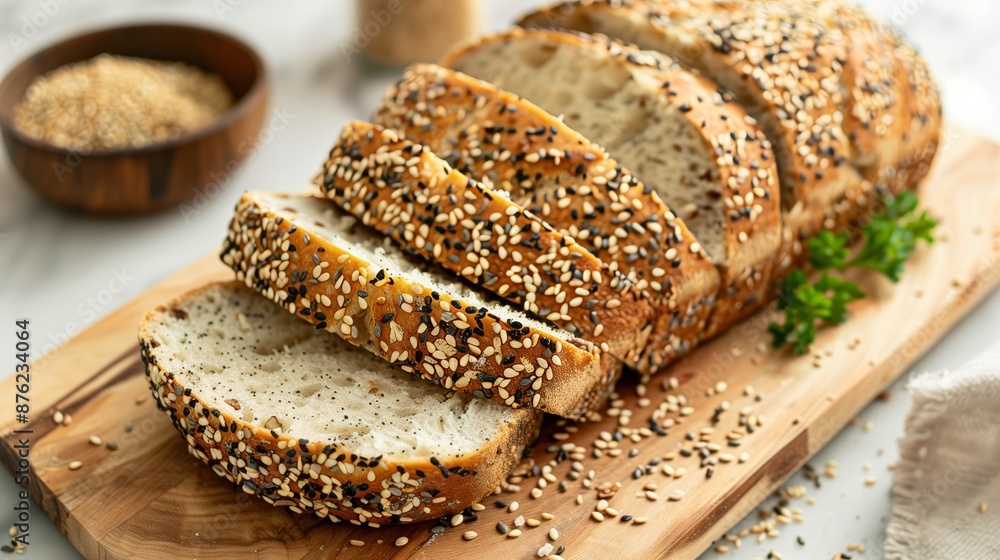 High-Resolution Close-Up of Sliced Multiseed Bread on Wooden Board High-Resolution Close-Up of Sliced Multiseed Bread on Wooden Board