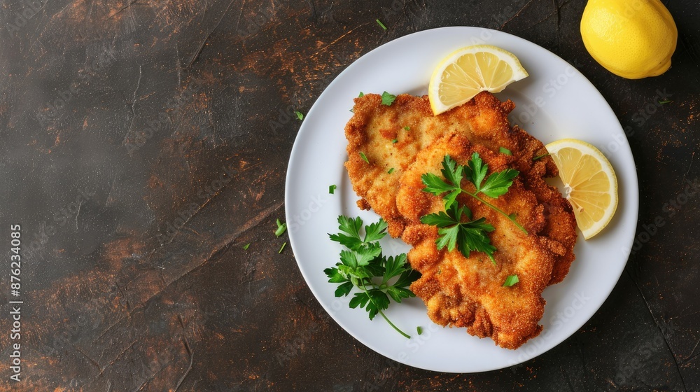 Breaded schnitzel served with lemon wedges and fresh parsley on white plate, brown stone backdrop. Breaded schnitzel served with lemon wedges and fresh parsley on white plate, brown stone backdrop.
