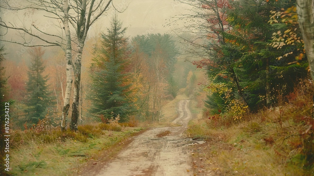 Obraz premium A dirt road surrounded by a dense forest with tall trees and scattered leaves on either side