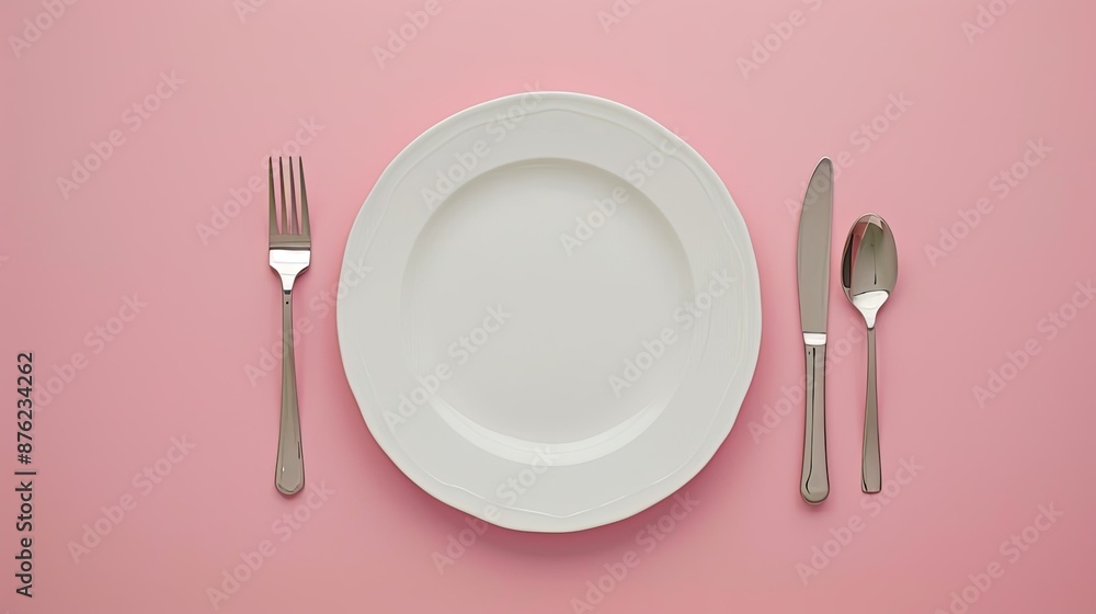 Bright white plate and neat silver utensils on light pink background. Bright white plate and neat silver utensils on light pink background.