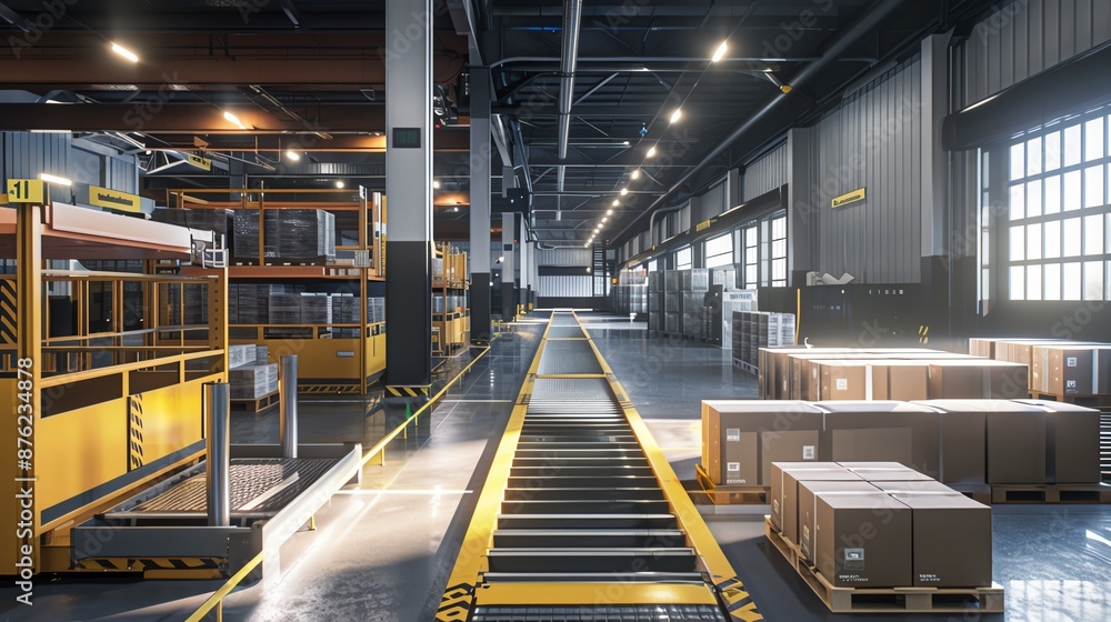 Empty industrial warehouse with conveyor belt and boxes. Empty industrial warehouse with conveyor belt and boxes.