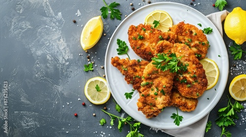 Obraz na płótnie Crispy schnitzel with lemon slices and fresh parsley on white plate, viewed from above on stone surface. w salonie