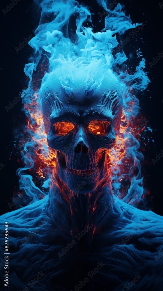 A blue skull with fiery glowing eyes surrounded by blue flames and sparks, set against a dark background A blue skull with fiery glowing eyes surrounded by blue flames and sparks, set against a dark background