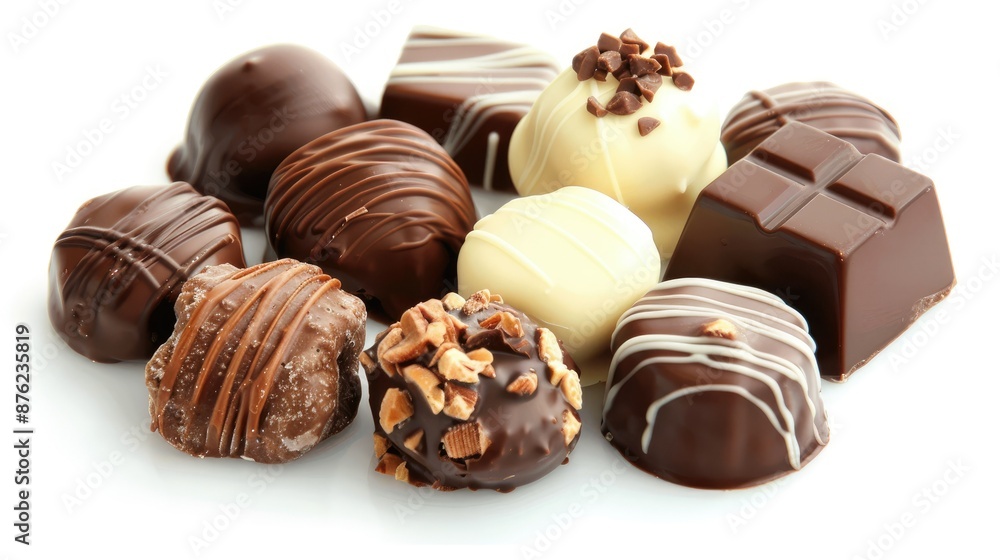Elegant display of assorted chocolate pralines on a clean white background. Elegant display of assorted chocolate pralines on a clean white background.