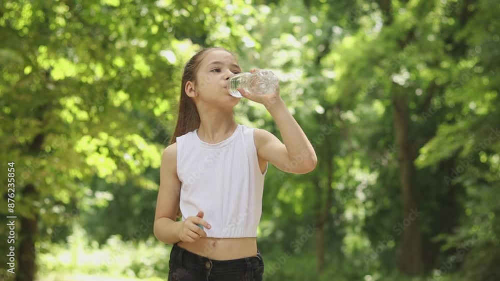 Girl drinks clean fresh water from a bottle outdoors in a green summer park Girl drinks clean fresh water from a bottle outdoors in a green summer park