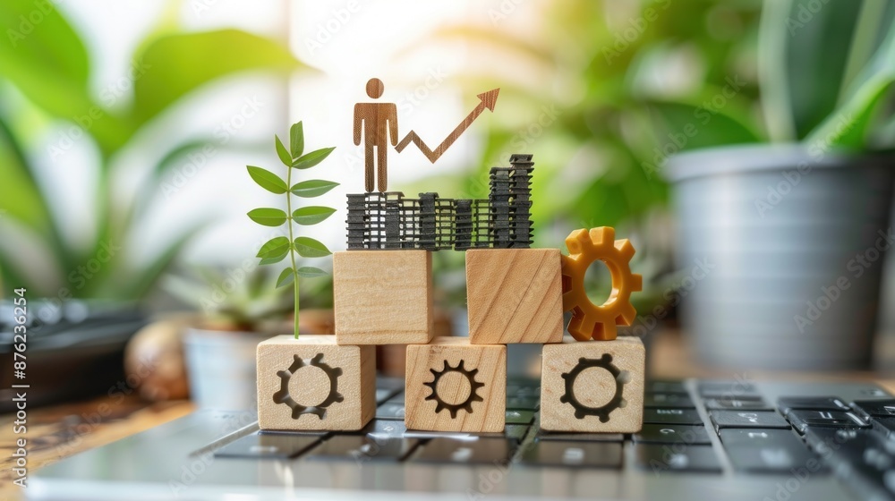 Wooden blocks with an upward arrow and growth chart, accompanied by a gears icon on a white background. A businessman stands at the top of a ladder, representing business success. A line graph Wooden blocks with an upward arrow and growth chart, accompanied by a gears icon on a white background. A businessman stands at the top of a ladder, representing business success. A line graph