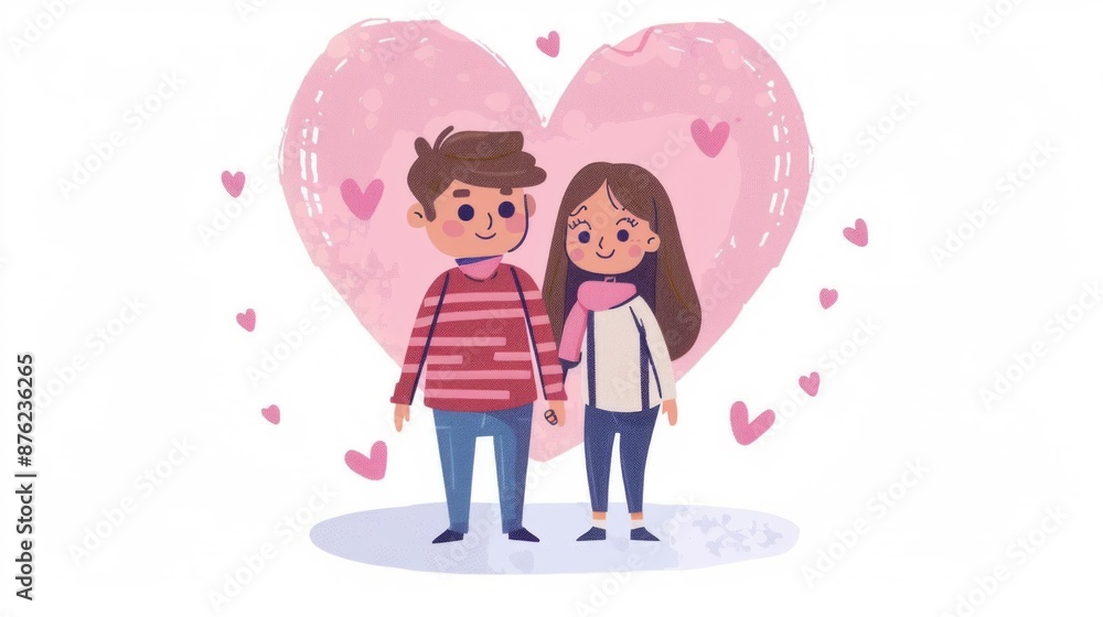 Design a cute illustration of two cartoon characters, a boy and a girl, holding hands and standing close together, with a large pink heart behind them on a white background. Design a cute illustration of two cartoon characters, a boy and a girl, holding hands and standing close together, with a large pink heart behind them on a white background.