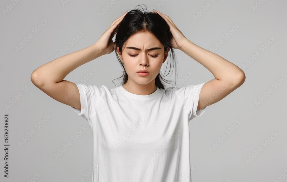 A woman with her eyes closed and a pained expression holds her head She looks stressed and overwhelmed A woman with her eyes closed and a pained expression holds her head She looks stressed and overwhelmed