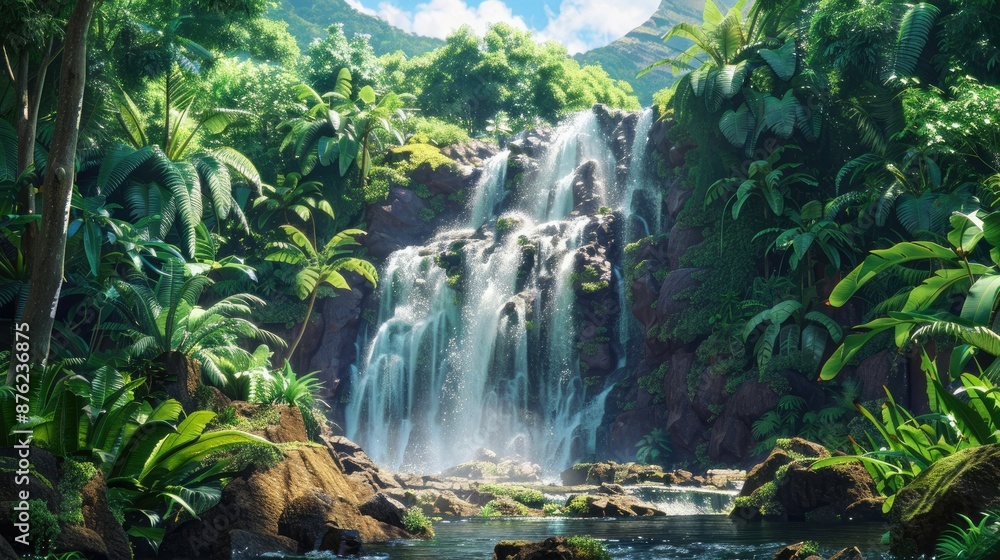 Majestic forest waterfall, surrounded by stones and vibrant jungle, perfect wallpaper. Majestic forest waterfall, surrounded by stones and vibrant jungle, perfect wallpaper.