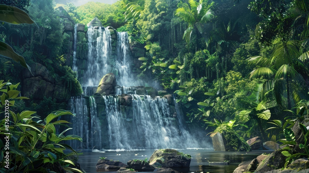Majestic waterfall in dense jungle, with stones and vibrant vegetation, ideal wallpaper. Majestic waterfall in dense jungle, with stones and vibrant vegetation, ideal wallpaper.