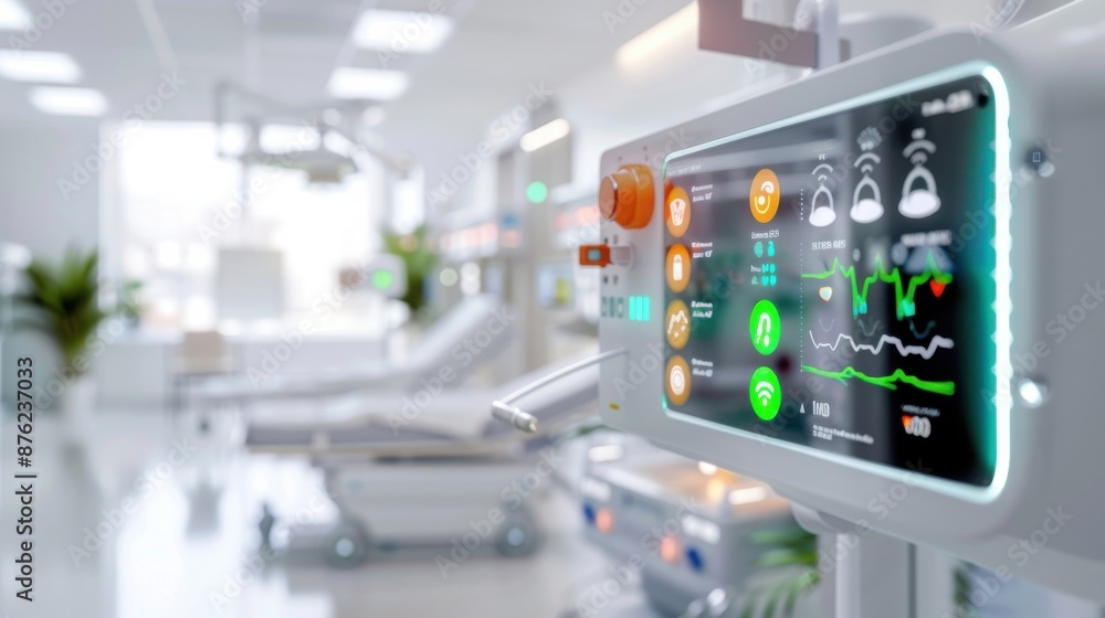 A hospital room with a monitor on the wall A hospital room with a monitor on the wall