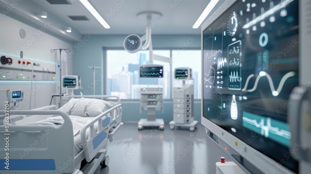 A hospital room with a bed, a monitor, and a vase of flowers A hospital room with a bed, a monitor, and a vase of flowers