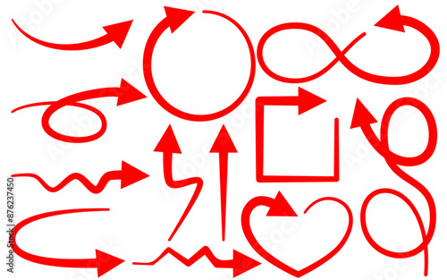 set red arrows in various styles and directions – straight, curved, looped, and angular. Ideal for infographics, UI/UX design, navigation signs, presentations, and web or app interfaces. Isolated