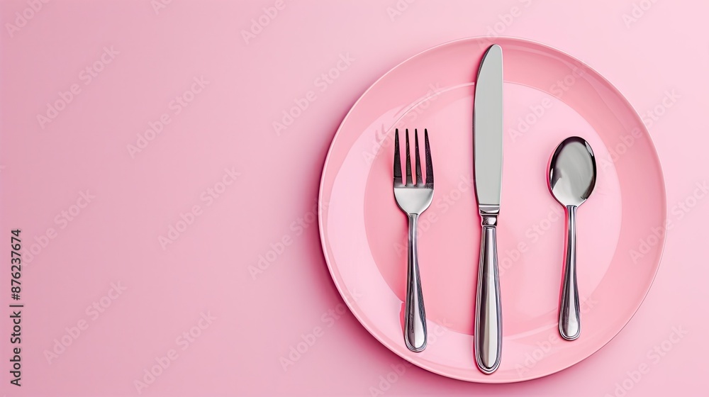 Neat silverware and polished plate on gentle pink background. Neat silverware and polished plate on gentle pink background.