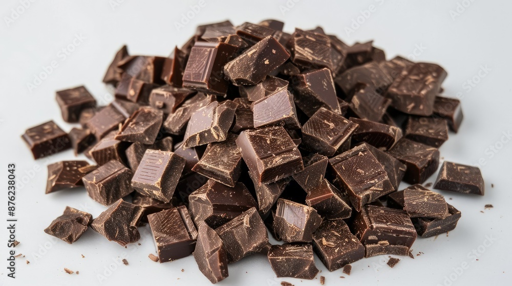 Pile of premium chocolate chunks arranged neatly on a white surface. Pile of premium chocolate chunks arranged neatly on a white surface.