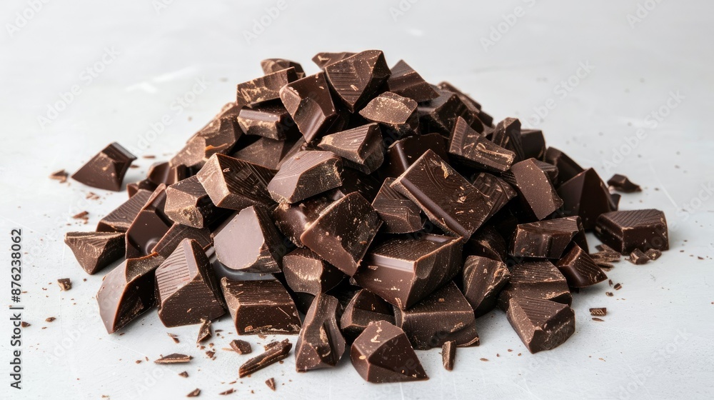 Pile of premium chocolate chunks arranged neatly on a white surface. Pile of premium chocolate chunks arranged neatly on a white surface.