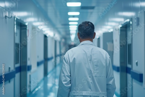 Doctor walking down a hospital hallway, wearing a white coat and deep in thought.