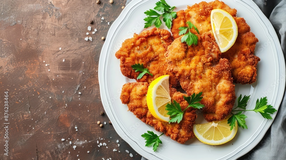 Schnitzel served on white plate with lemon wedges and parsley leaves, brown stone background. Schnitzel served on white plate with lemon wedges and parsley leaves, brown stone background.