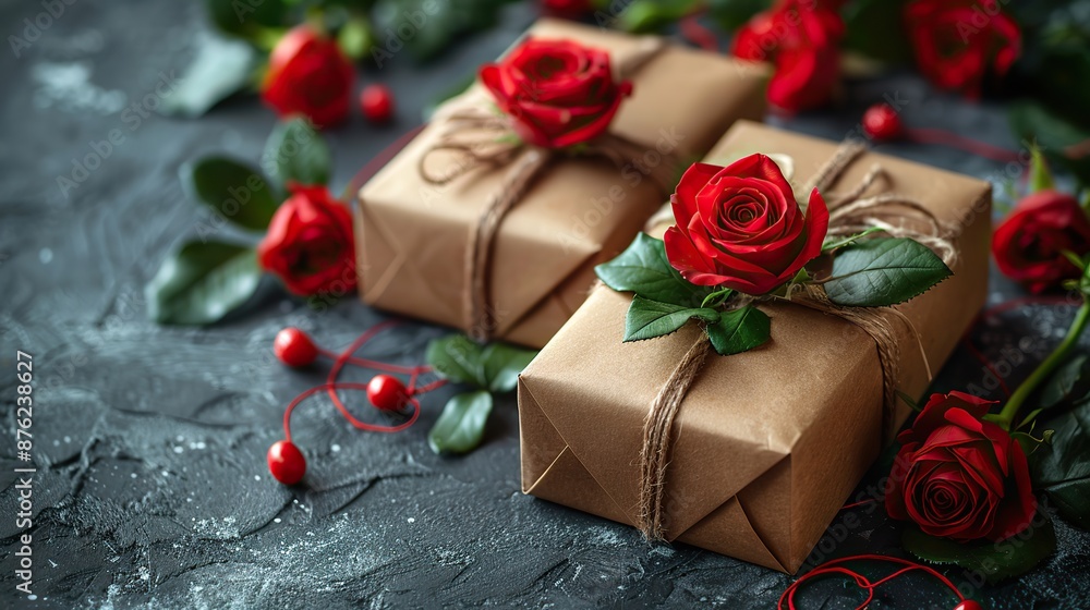 valentine s day greeting card design flat lay gift boxes,roses on gray background top view space for text.stock image valentine s day greeting card design flat lay gift boxes,roses on gray background top view space for text.stock image