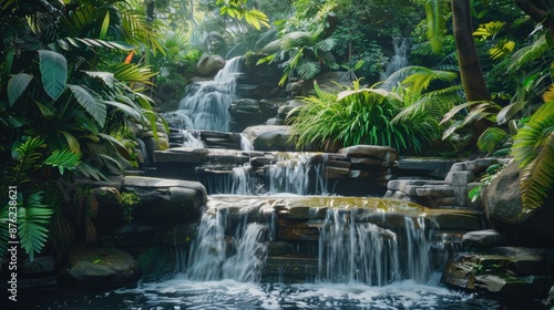 Serene jungle waterfall, with stones and lush vegetation, ideal for nature wallpaper.