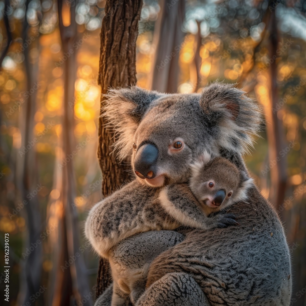 Obraz premium Serene sunset with koala mother and joey