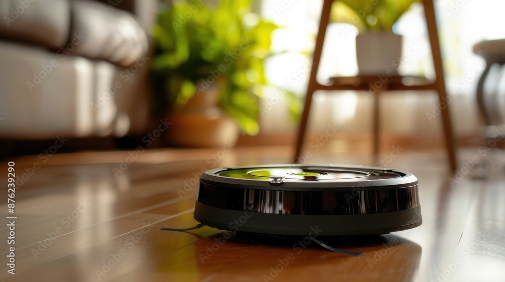 A robot vacuum cleaner is on a wooden floor in a living room A robot vacuum cleaner is on a wooden floor in a living room