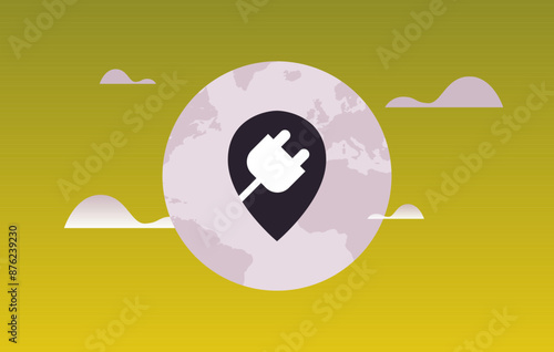 Electric cars charging station pin and zero emission transport concept flat vector illustration.	

