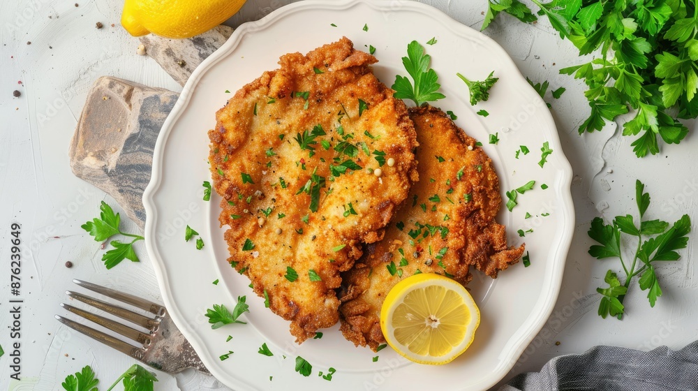 Top view flat lay of schnitzel dish garnished with lemon and parsley on white plate, stone backdrop. Top view flat lay of schnitzel dish garnished with lemon and parsley on white plate, stone backdrop.