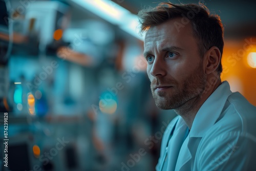 Close-up of a thoughtful doctor in a hospital setting. © Jane_S