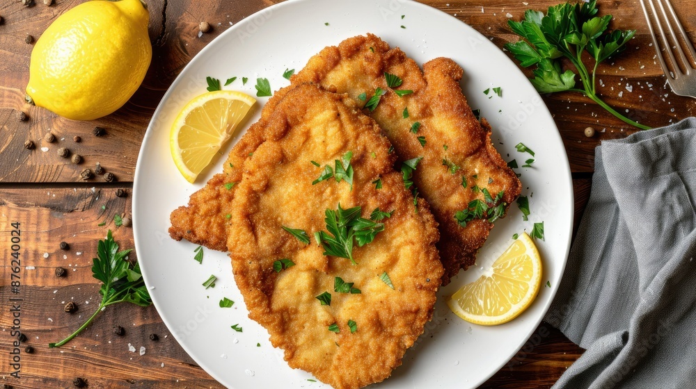 Top view of crispy schnitzel with lemon and parsley on white plate, brown stone surface. Top view of crispy schnitzel with lemon and parsley on white plate, brown stone surface.