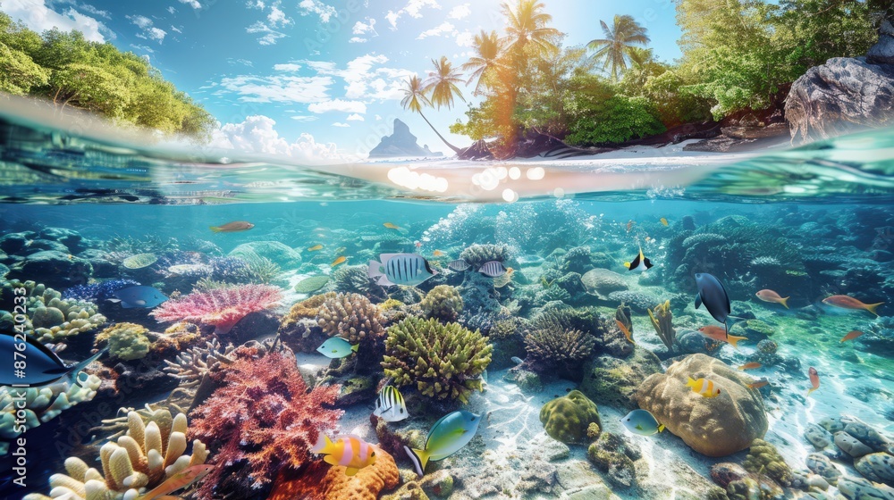 Tropical paradise split-view with vibrant underwater life Tropical paradise split-view with vibrant underwater life